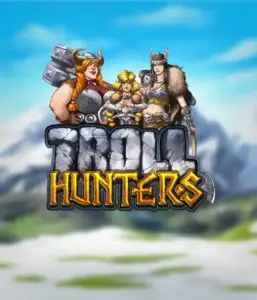 Изображение слота "Troll Hunters" от Play'N Go, где изображены три викинга: две женщины и один мужчина, облаченные в традиционные броню викингов. За их спинами виднеются заснеженные горы, что добавляет атмосферу скандинавской мифологии. Этот слот идеален для поклонников викингских саг и поисков приключений.